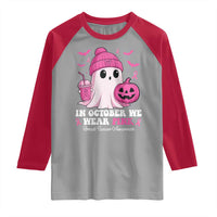 In October We Wear Pink Ghost Raglan Shirt Halloween Breast Cancer Pink Ribbon Pumpkin - Wonder Print Shop