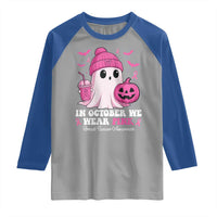 In October We Wear Pink Ghost Raglan Shirt Halloween Breast Cancer Pink Ribbon Pumpkin - Wonder Print Shop
