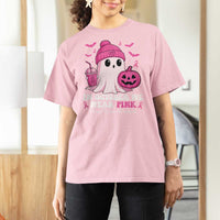 In October We Wear Pink Ghost T Shirt For Women Halloween Breast Cancer Pink Ribbon Pumpkin - Wonder Print Shop