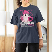 In October We Wear Pink Ghost T Shirt For Women Halloween Breast Cancer Pink Ribbon Pumpkin - Wonder Print Shop