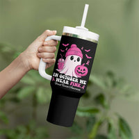 In October We Wear Pink Ghost Tumbler With Handle Halloween Breast Cancer Pink Ribbon Pumpkin - Wonder Print Shop