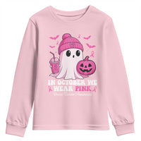In October We Wear Pink Ghost Youth Sweatshirt Halloween Breast Cancer Pink Ribbon Pumpkin - Wonder Print Shop