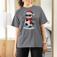 Christmas Soccer Snowman T Shirt For Women Snowflakes Holiday Sports Xmas Pajamas Red Santa Hat - Wonder Print Shop