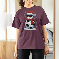 Christmas Soccer Snowman T Shirt For Women Snowflakes Holiday Sports Xmas Pajamas Red Santa Hat - Wonder Print Shop