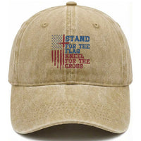 Stand For The Flag Kneel For The Cross Washed Cotton Baseball Cap Cross US Flag American Patriotic Christian Faith 4th of July
