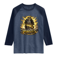 Pirate Lovers Raglan Shirt Vintage Golden Pirate Ship Skull Graphic