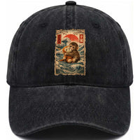 Kawaii Baby Monkey Punch Washed Cotton Baseball Cap Vintage Japanese Graphic Cute Macaque Ukiyo-e
