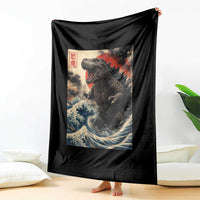 Japanese Dinosaur Throw Blanket Vintage Great Wave Monster Epic Giant Monster Ukiyo-e Style