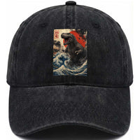 Japanese Dinosaur Washed Cotton Baseball Cap Vintage Great Wave Monster Epic Giant Monster Ukiyo-e Style