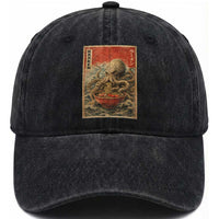 Sea Monster Eating Ramen Washed Cotton Baseball Cap Vintage Graphic Japanese Lover Ukiyo-e Art