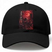 Vintage Sea Monster Baseball Cap Horror Japanese Octopus Mythology Temple Red Moon