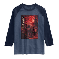 Vintage Sea Monster Raglan Shirt Horror Japanese Octopus Mythology Temple Red Moon