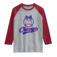 Chicago Coquette Bow Raglan Shirt Cute Girls Kids Women Baseball Fans