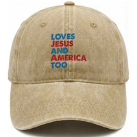 Loves Jesus and America Too Washed Cotton Baseball Cap 4th of July Patriotic