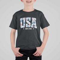 Floral USA T Shirt For Kid Est 1776 Patriotic American Girl 4th of July - Wonder Print Shop