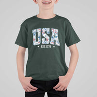 Floral USA T Shirt For Kid Est 1776 Patriotic American Girl 4th of July - Wonder Print Shop