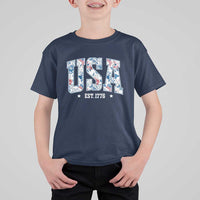 Floral USA T Shirt For Kid Est 1776 Patriotic American Girl 4th of July - Wonder Print Shop
