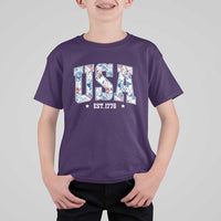 Floral USA T Shirt For Kid Est 1776 Patriotic American Girl 4th of July - Wonder Print Shop