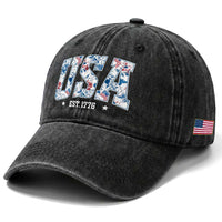 Floral USA Washed Cotton Baseball Cap Est 1776 Patriotic American Girl 4th of July