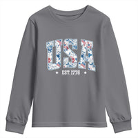 Floral USA Youth Sweatshirt Est 1776 Patriotic American Girl 4th of July - Wonder Print Shop