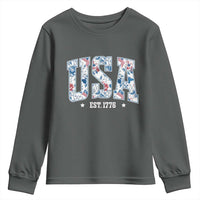 Floral USA Youth Sweatshirt Est 1776 Patriotic American Girl 4th of July - Wonder Print Shop