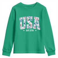 Floral USA Youth Sweatshirt Est 1776 Patriotic American Girl 4th of July - Wonder Print Shop