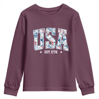 Floral USA Youth Sweatshirt Est 1776 Patriotic American Girl 4th of July - Wonder Print Shop