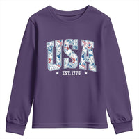 Floral USA Youth Sweatshirt Est 1776 Patriotic American Girl 4th of July - Wonder Print Shop