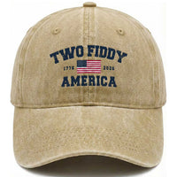 Two Fiddy USA 250th Anniversary Washed Cotton Baseball Cap United States Flag July 4th 2026 1776 Patriotic Humor