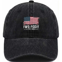 Two Fiddy USA 250th Anniversary Washed Cotton Baseball Cap Vintage American Flag Patriotic Humor