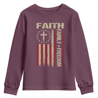 Faith Family Freedom Youth Sweatshirt Patriotic Christian Vintage USA Flag - Wonder Print Shop
