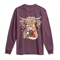 Christmas Cow Long Sleeve Shirt Highland Cow Lights Santa Hats Farm Xmas