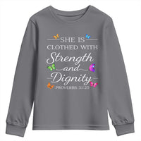 Christian Jesus Youth Sweatshirt Strength Dignity Encouraging Bible Verse Proverb Butterfly Art