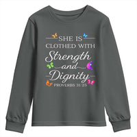 Christian Jesus Youth Sweatshirt Strength Dignity Encouraging Bible Verse Proverb Butterfly Art