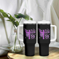 50th Birthday Gifts For Her Tumbler With Handle Blessed By God For 50 Years Christian Butterfly Cross
