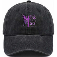 50th Birthday Gifts For Her Washed Cotton Baseball Cap Blessed By God For 50 Years Christian Butterfly Cross