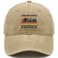 Retro I Found Jesus Still Looking Bigfoot Washed Cotton Baseball Cap Funny Sasquatch Bigfoot Believer Christian Humor