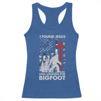 Retro I Found Jesus Still Looking For Bigfoot Racerback Tank Top Camouflage US American Flag Camo