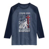 Retro I Found Jesus Still Looking For Bigfoot Raglan Shirt Camouflage US American Flag Camo
