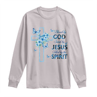 Christian Jesus Long Sleeve Shirt Blessed By God Saved By Jesus Blue Floral Cross Butterfly Art