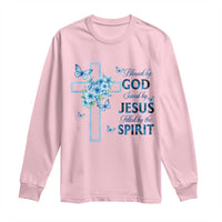 Christian Jesus Long Sleeve Shirt Blessed By God Saved By Jesus Blue Floral Cross Butterfly Art