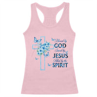 Christian Jesus Racerback Tank Top Blessed By God Saved By Jesus Blue Floral Cross Butterfly Art