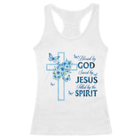 Christian Jesus Racerback Tank Top Blessed By God Saved By Jesus Blue Floral Cross Butterfly Art