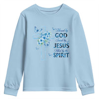 Christian Jesus Youth Sweatshirt Blessed By God Saved By Jesus Blue Floral Cross Butterfly Art