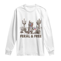 Feral & Free Raccoon Long Sleeve Shirt Funny 4th of July Cowboy Meme Retro Independence Day - Wonder Print Shop
