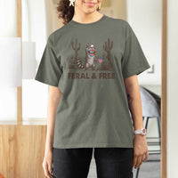 Feral & Free Raccoon T Shirt For Women Funny 4th of July Cowboy Meme Retro Independence Day - Wonder Print Shop