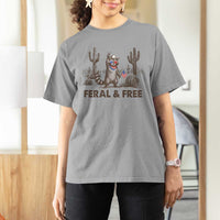 Feral & Free Raccoon T Shirt For Women Funny 4th of July Cowboy Meme Retro Independence Day - Wonder Print Shop