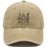 Feral & Free Raccoon Washed Cotton Baseball Cap Funny 4th of July Cowboy Meme Retro Independence Day