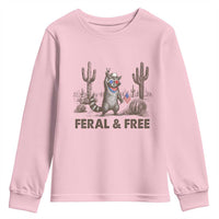 Feral & Free Raccoon Youth Sweatshirt Funny 4th of July Cowboy Meme Retro Independence Day - Wonder Print Shop