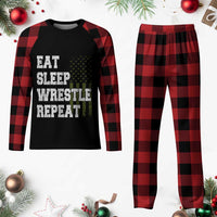 Eat Sleep Wrestle Repeat Plaid Pajama Set Funny Wrestling Gym American Flag - Wonder Print Shop